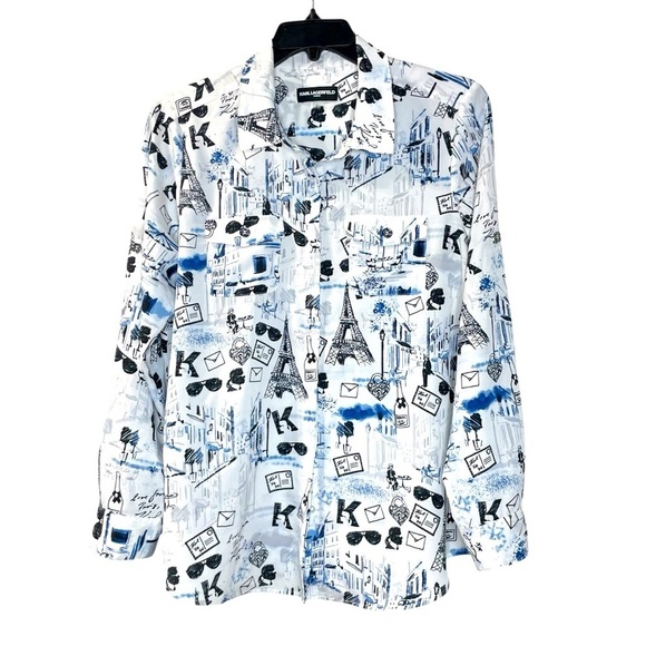 Karl Lagerfeld Paris Women's Long Sleeve Whimsical Blue and Black Blouse size L - Picture 2 of 12